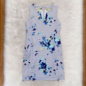 Joules Flax Cotton Navy Blue White Stripe Floral Sleeveless Elayna Shift Dress